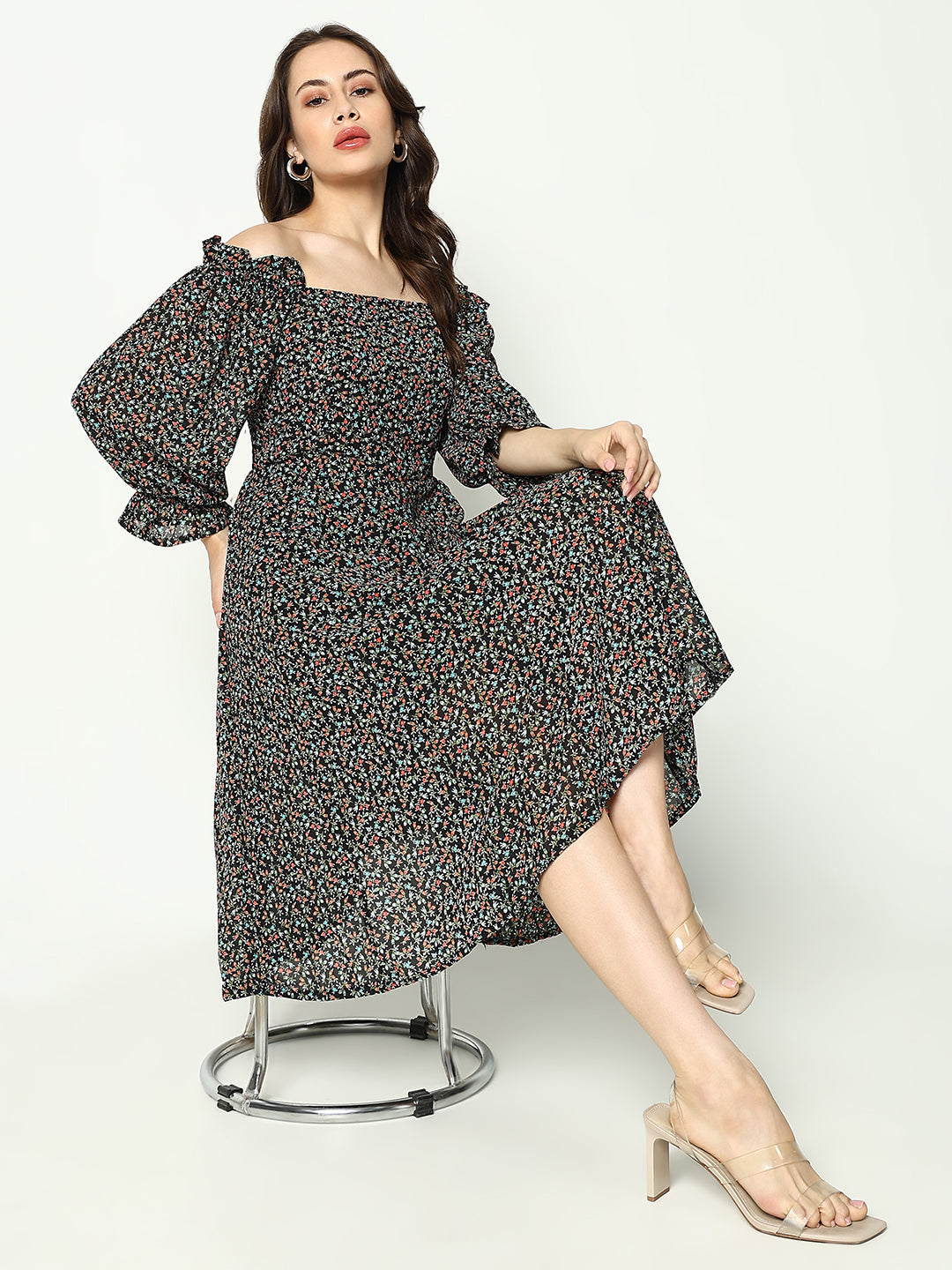 Women's Black Floral Printed Fit& Flare Dress