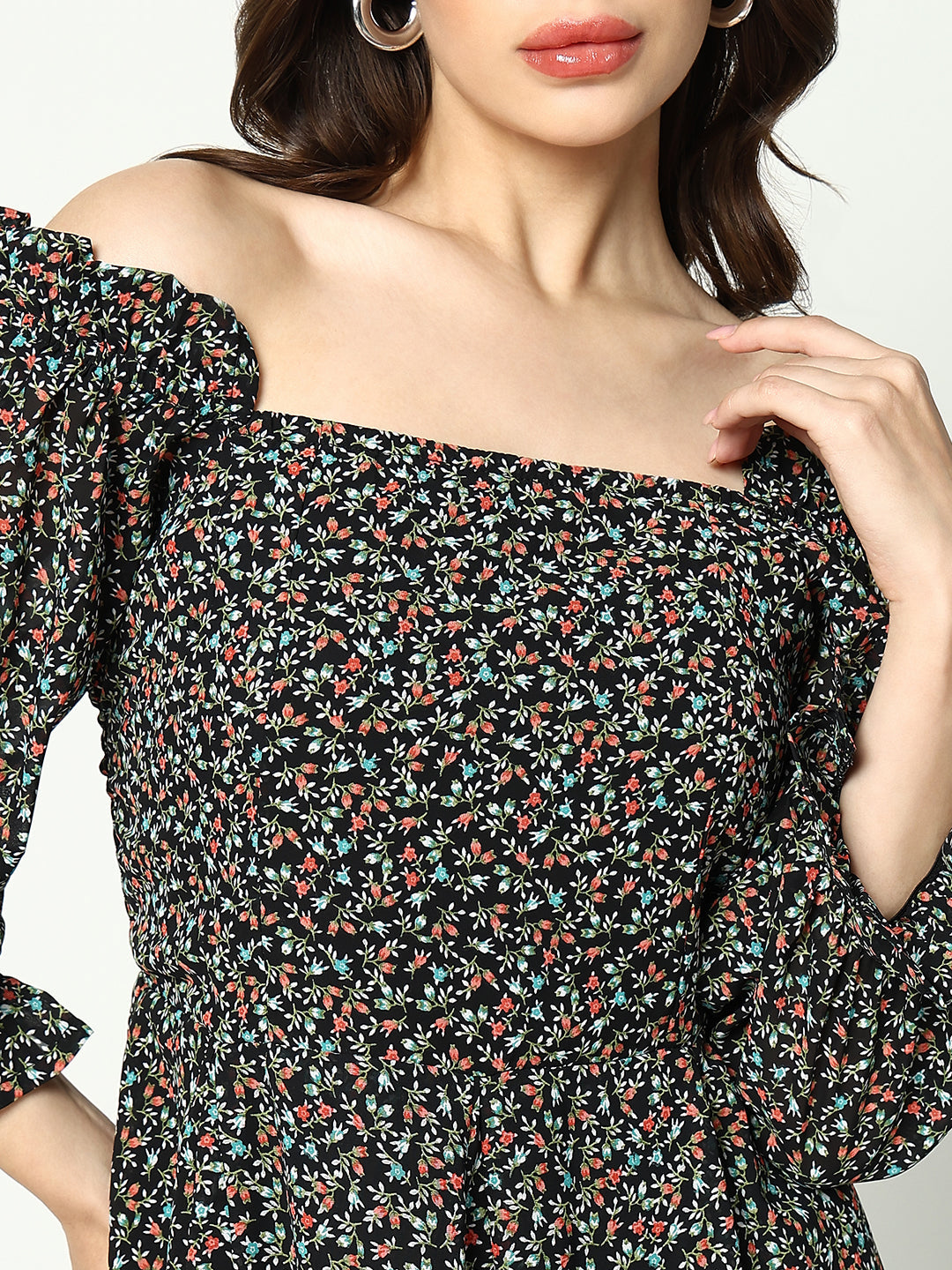 Women's Black Floral Printed Fit& Flare Dress