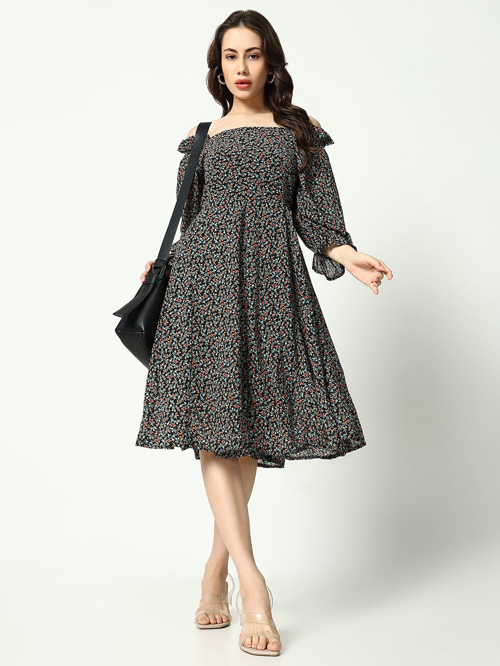 Women's Black Floral Printed Fit& Flare Dress