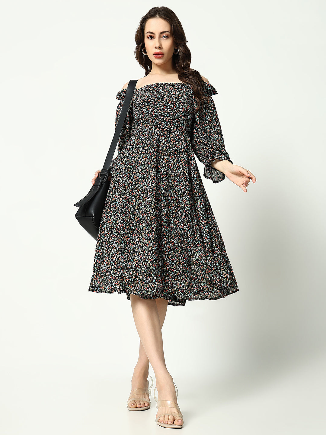 Women's Black Floral Printed Fit& Flare Dress