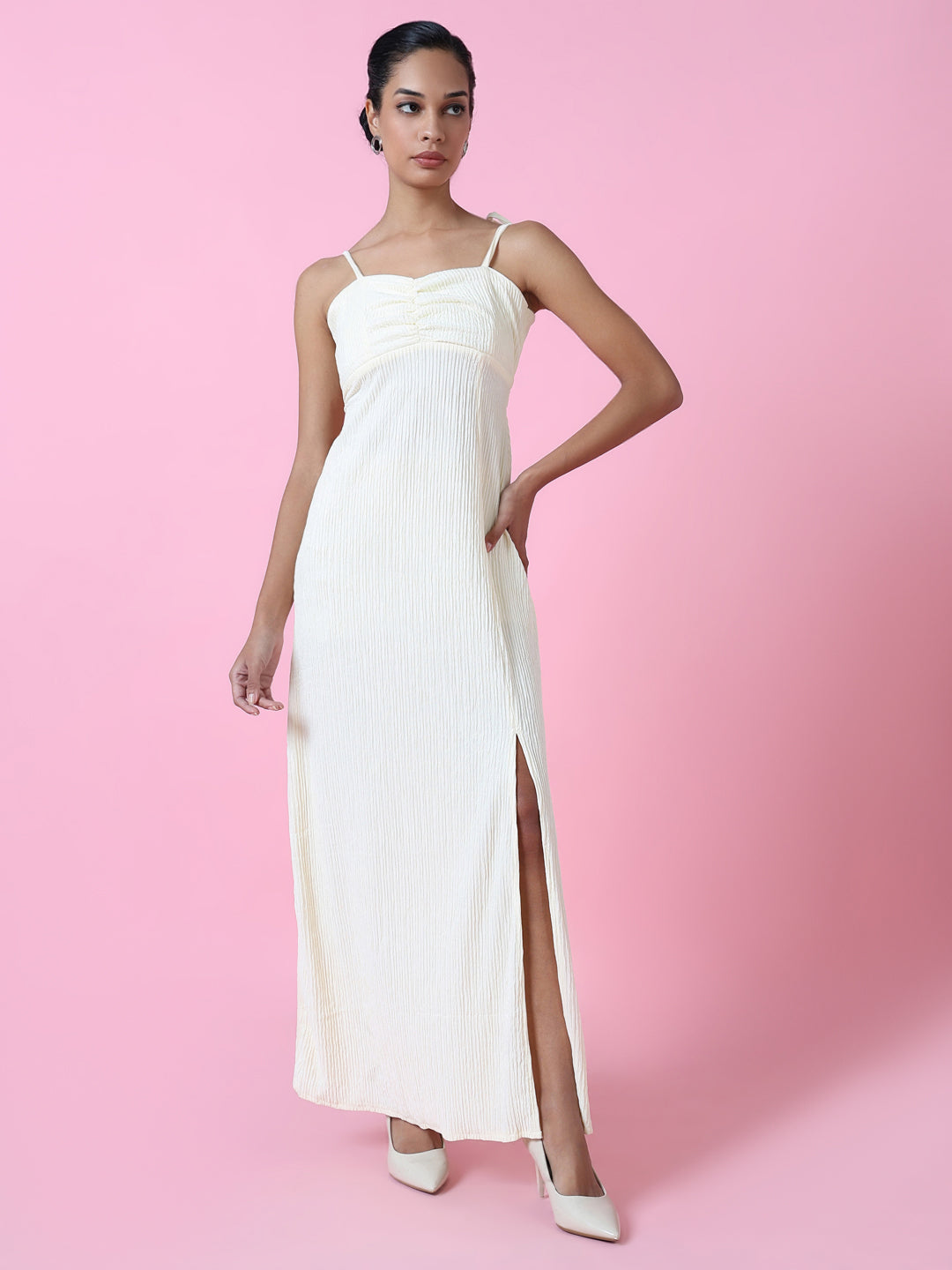 Women's Cream Solid Maxi Dress