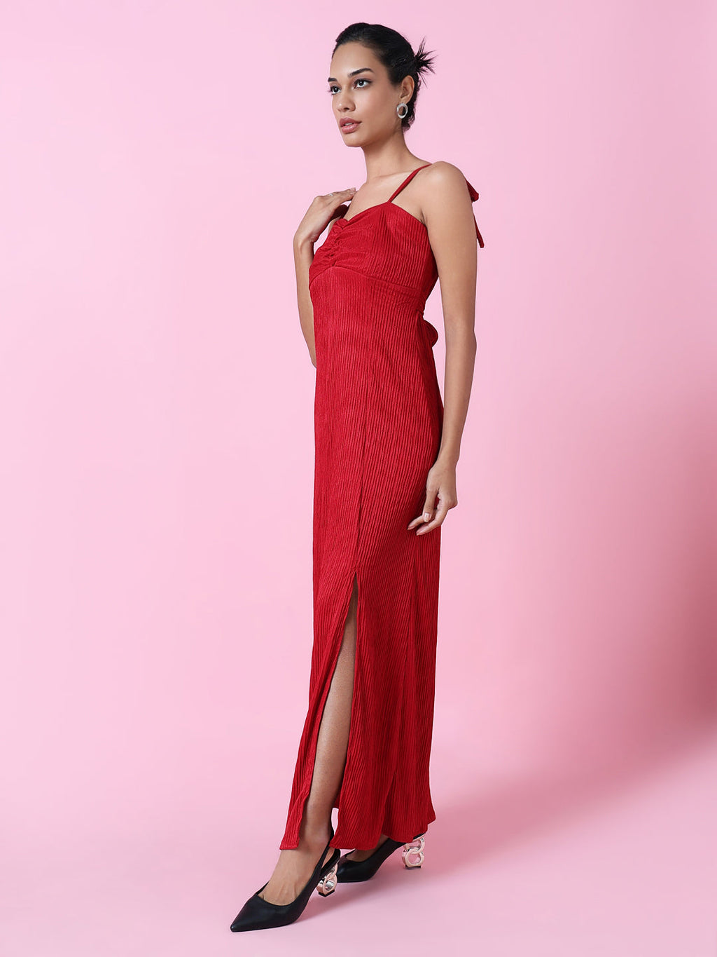 Women's Red Solid Crepe Ready to Wear Maxi Dress