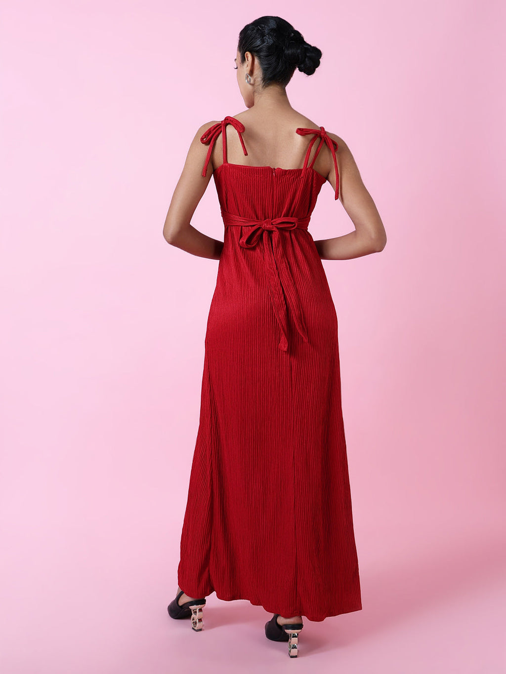 Women's Red Solid Crepe Ready to Wear Maxi Dress