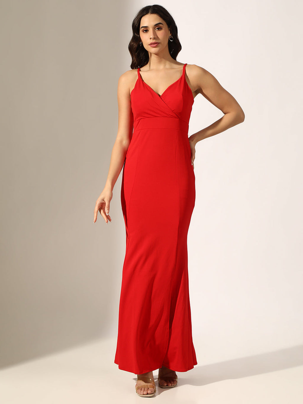 Women's Red Sleeveless Fish Cut Dress with Side Slit