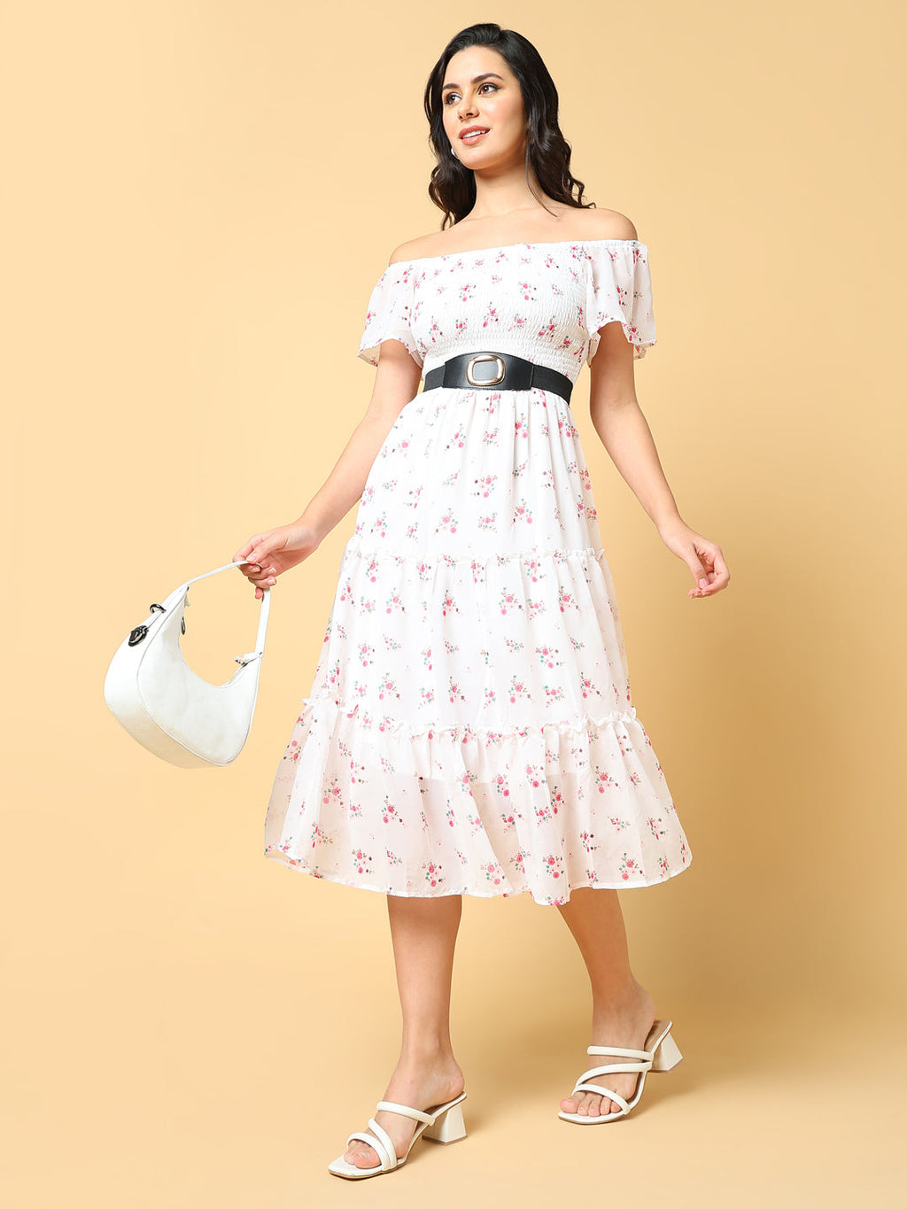 Women's Printed White Fit and Flare Dress with Belt