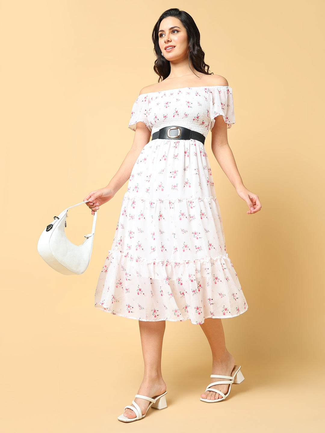 Women's Printed White Fit and Flare Dress with Belt