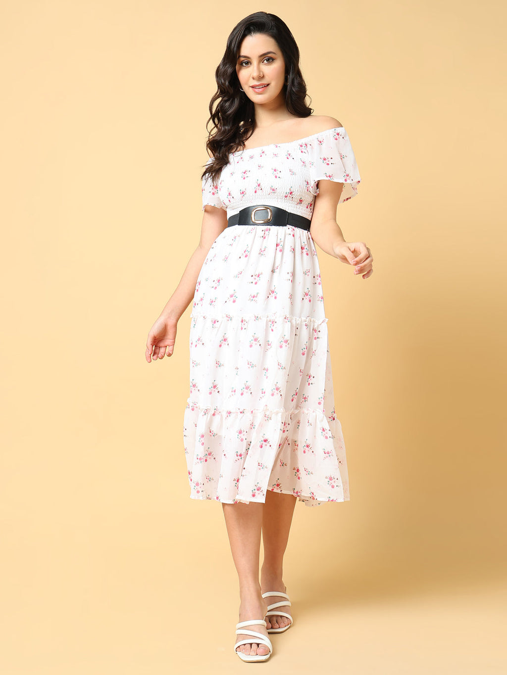 Women's Printed White Fit and Flare Dress with Belt
