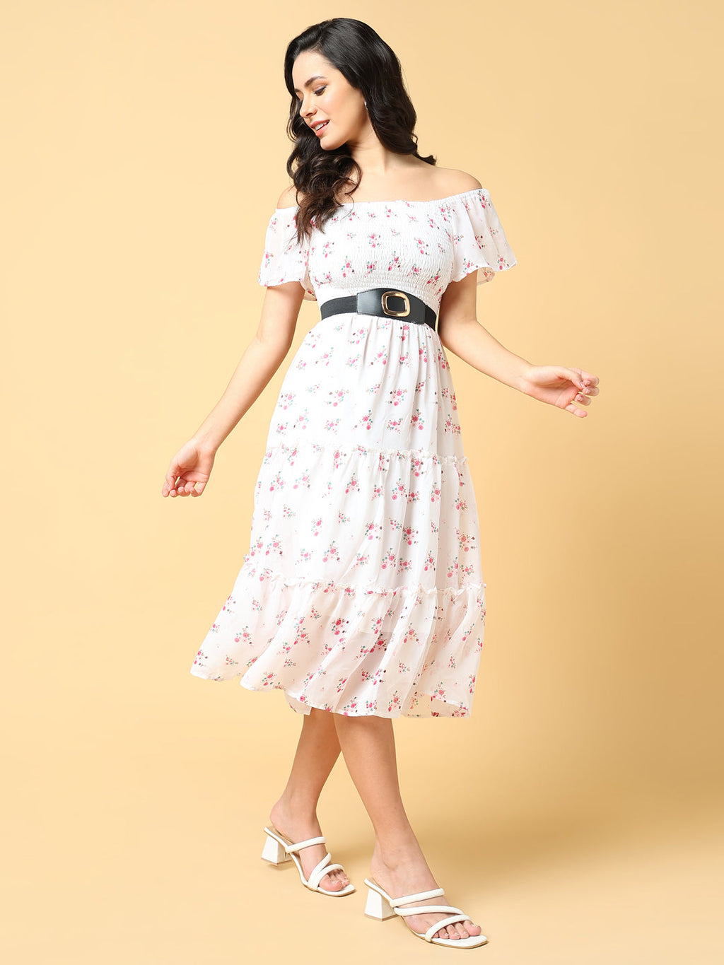 Women's Printed White Fit and Flare Dress with Belt
