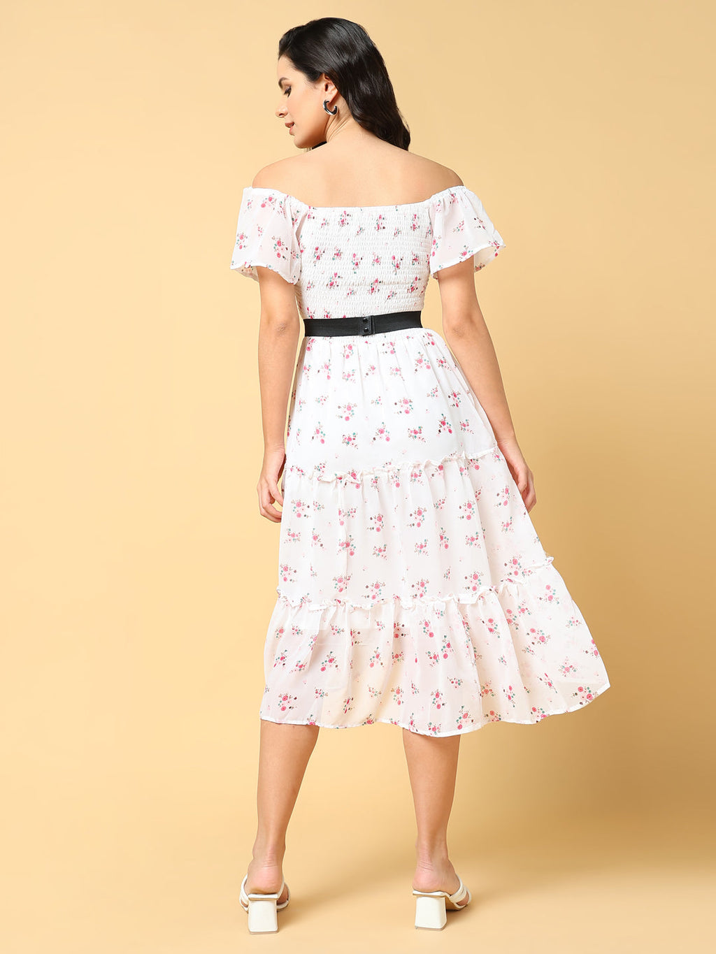 Women's Printed White Fit and Flare Dress with Belt