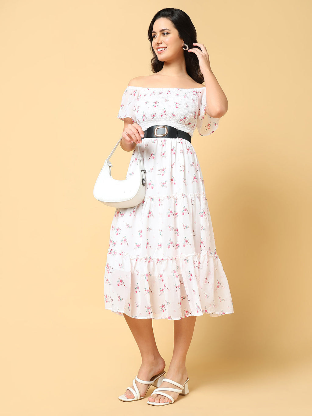 Women's Printed White Fit and Flare Dress with Belt