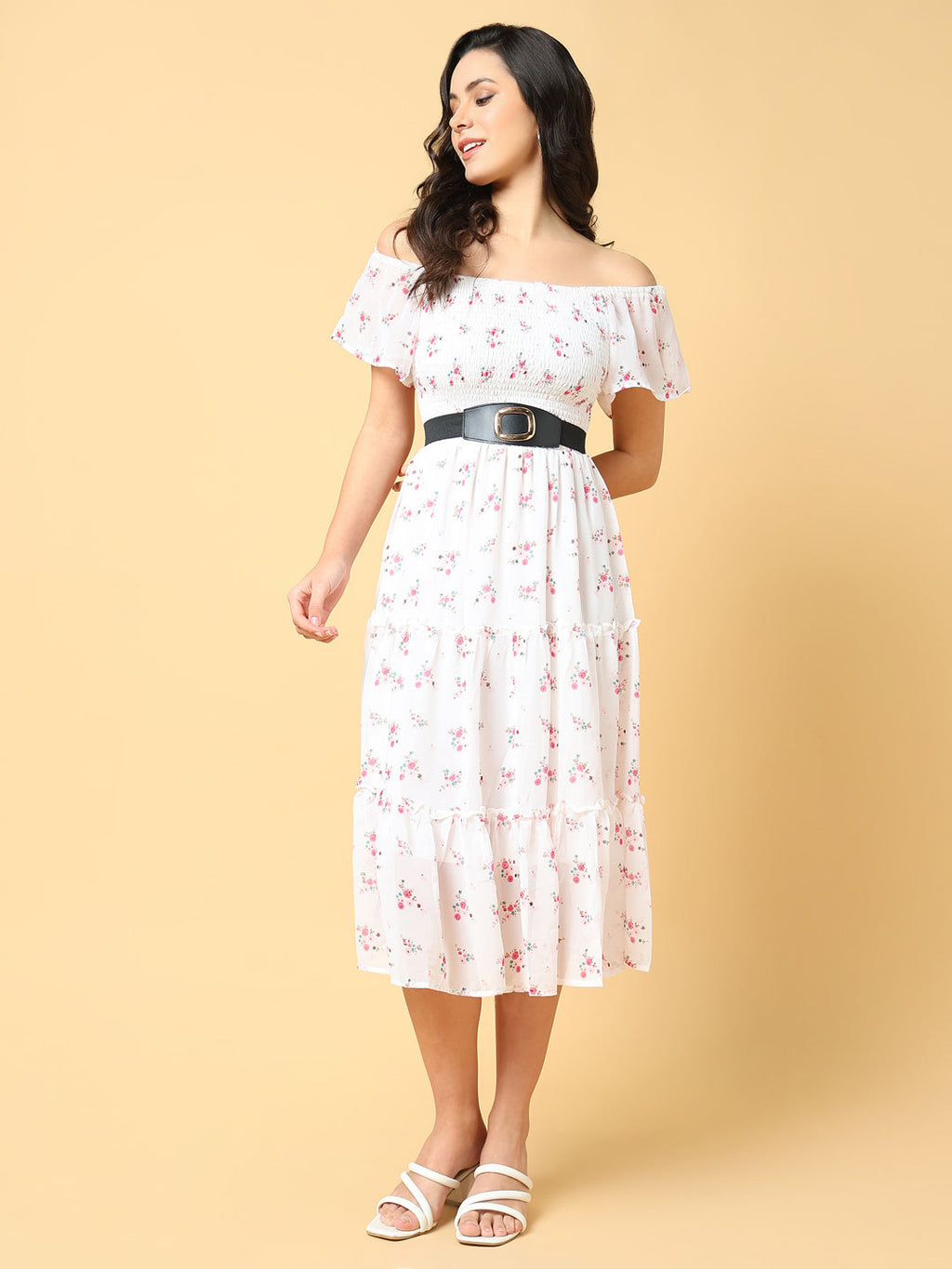 Women's Printed White Fit and Flare Dress with Belt