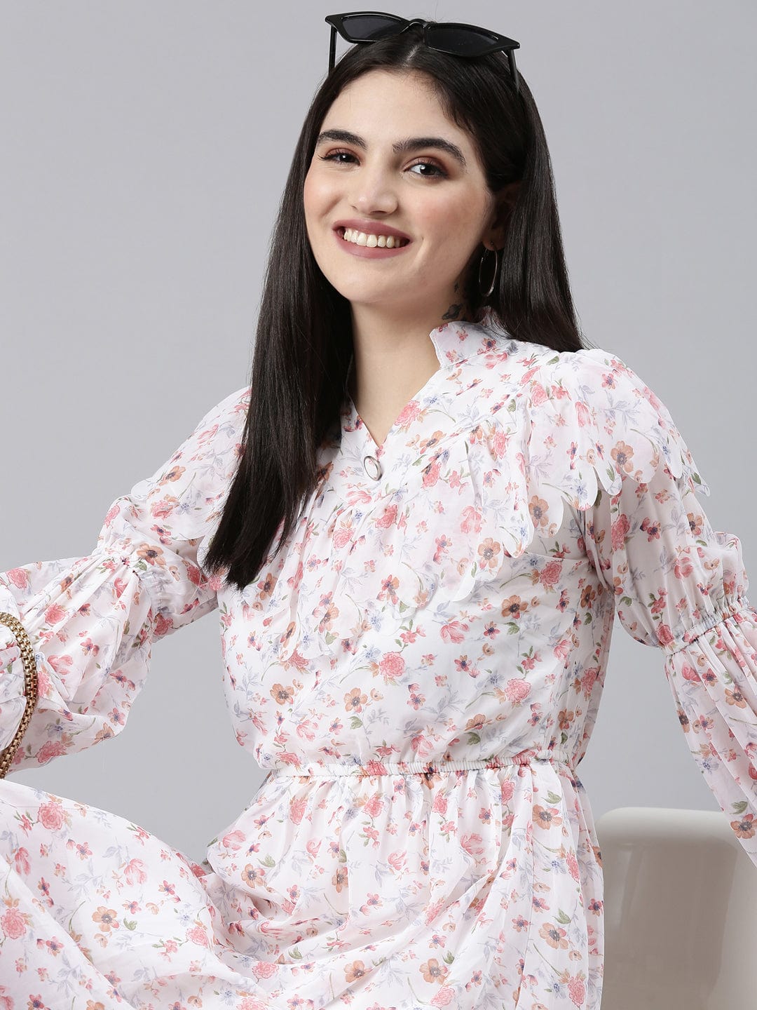 Women's White Floral Print Mandarin Collar Ruffled Fit & Flare Dress