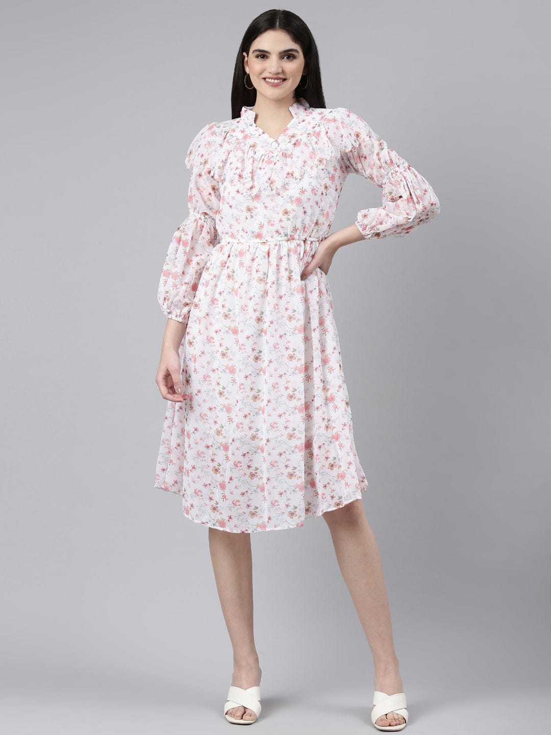 Women's White Floral Print Mandarin Collar Ruffled Fit & Flare Dress