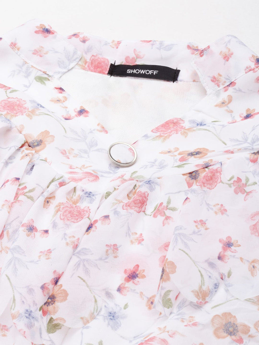 Women's White Floral Print Mandarin Collar Ruffled Fit & Flare Dress