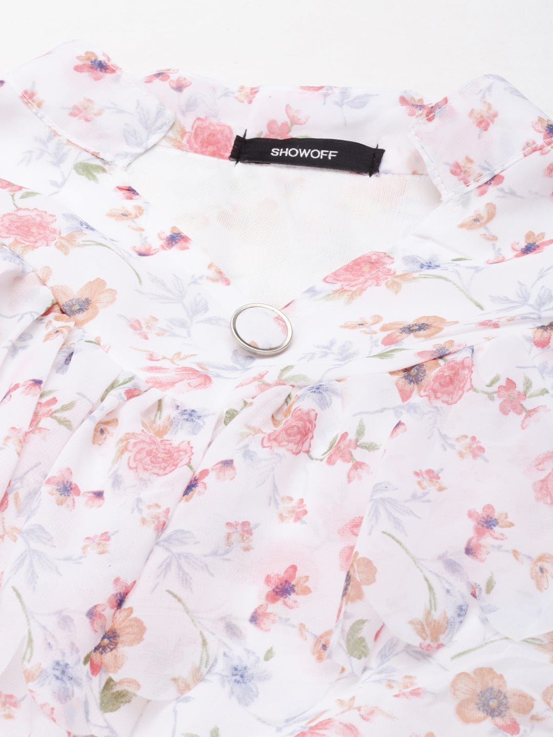 Women's White Floral Print Mandarin Collar Ruffled Fit & Flare Dress