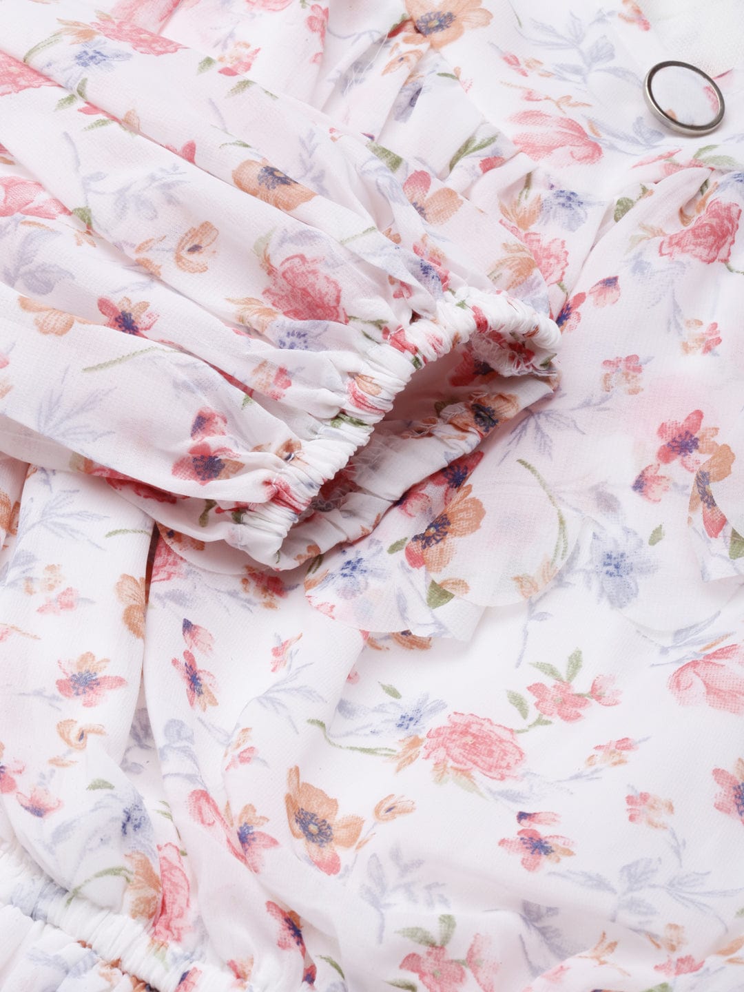 Women's White Floral Print Mandarin Collar Ruffled Fit & Flare Dress