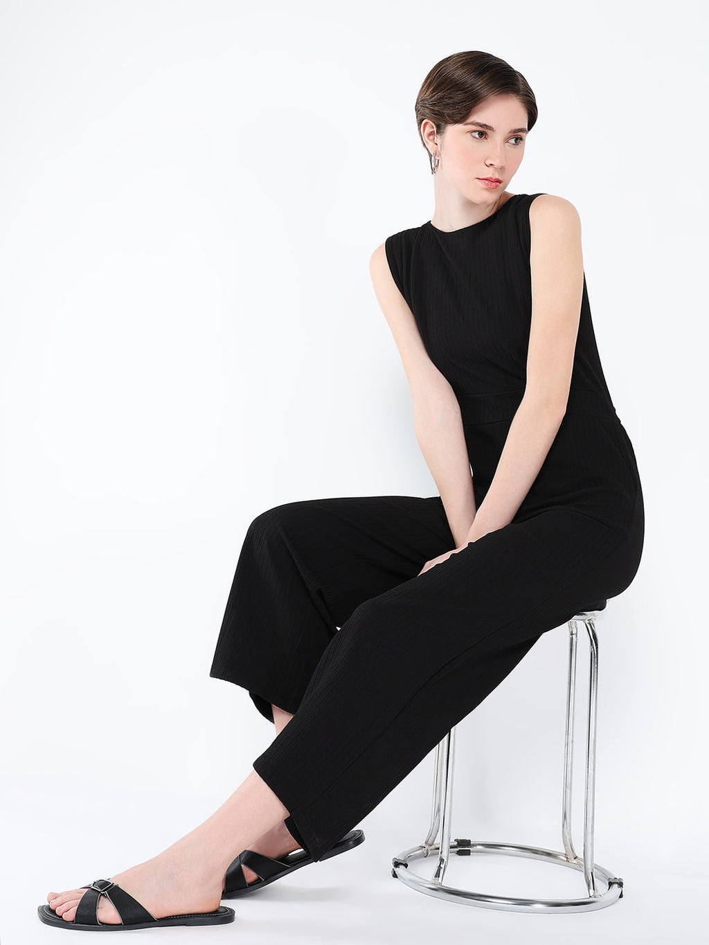 Women's Black Waist Tie-Ups Basic Jumpsuit