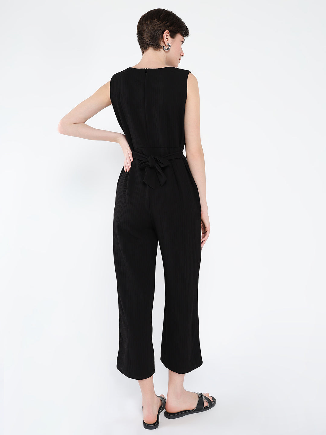 Women's Black Waist Tie-Ups Basic Jumpsuit
