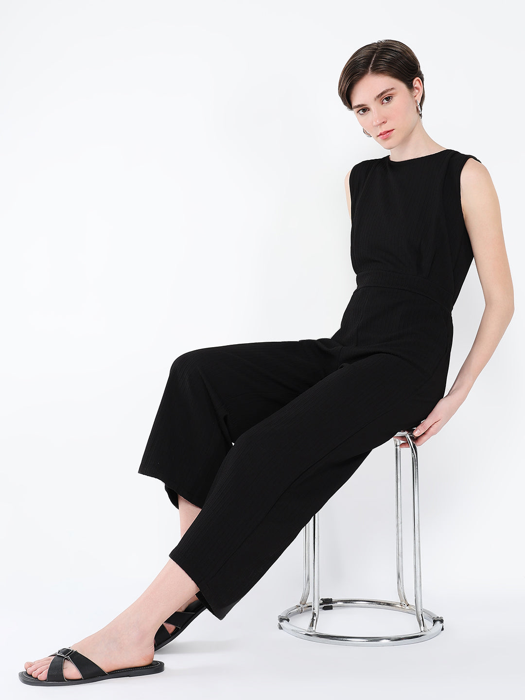 Women's Black Waist Tie-Ups Basic Jumpsuit