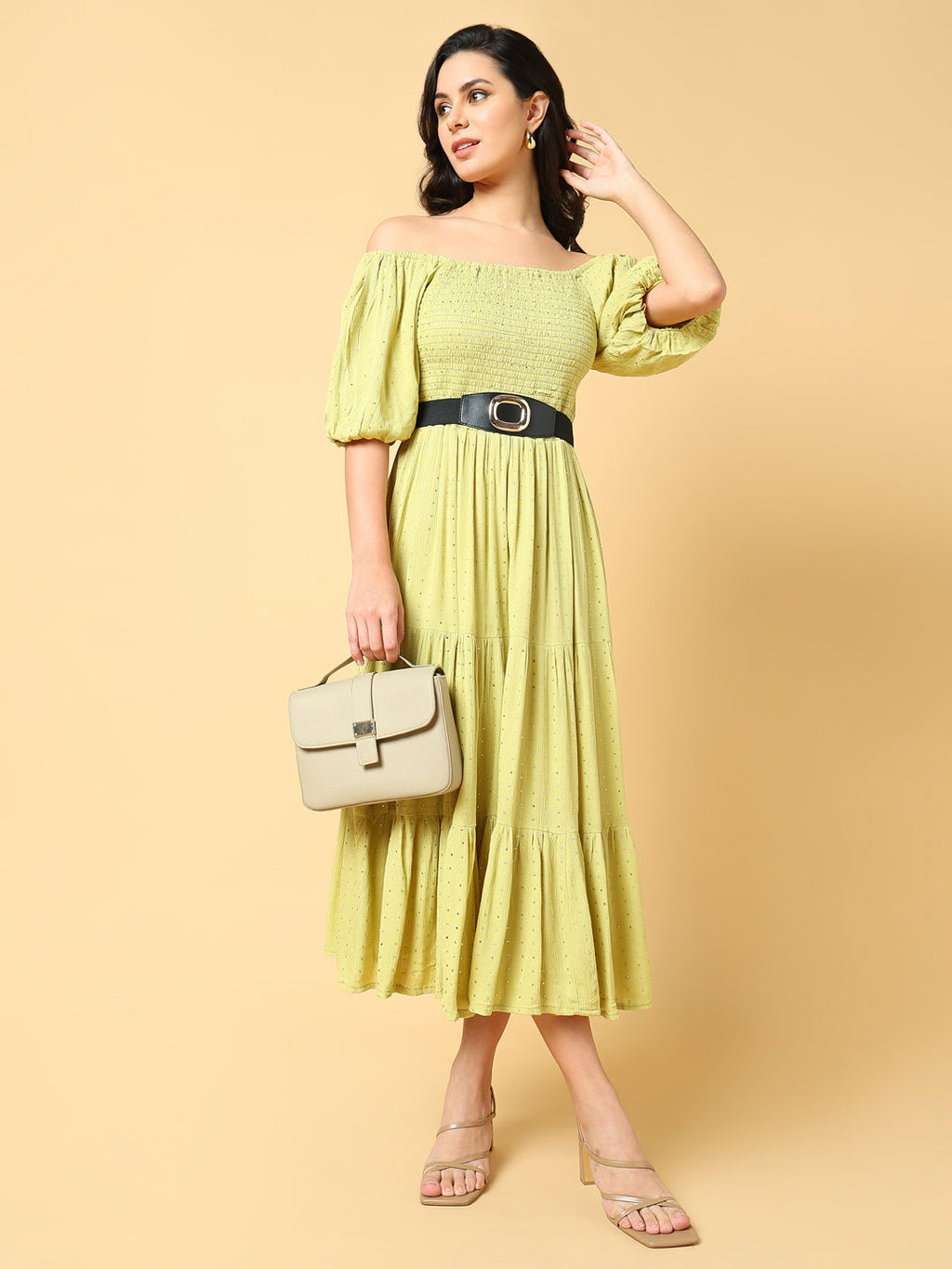 Women's Green Solid Fit and Flare Dress with Belt