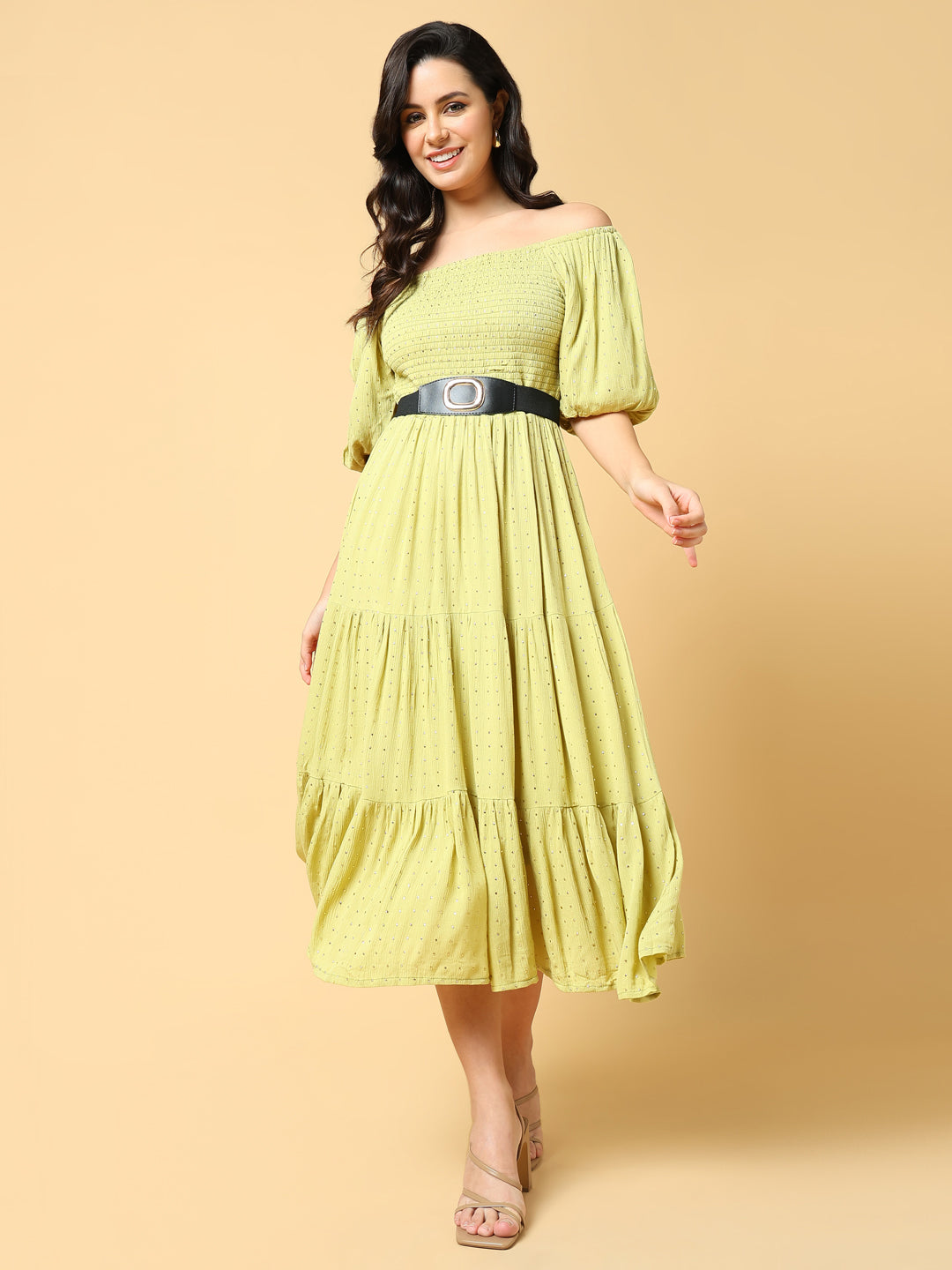 Women's Green Solid Fit and Flare Dress with Belt