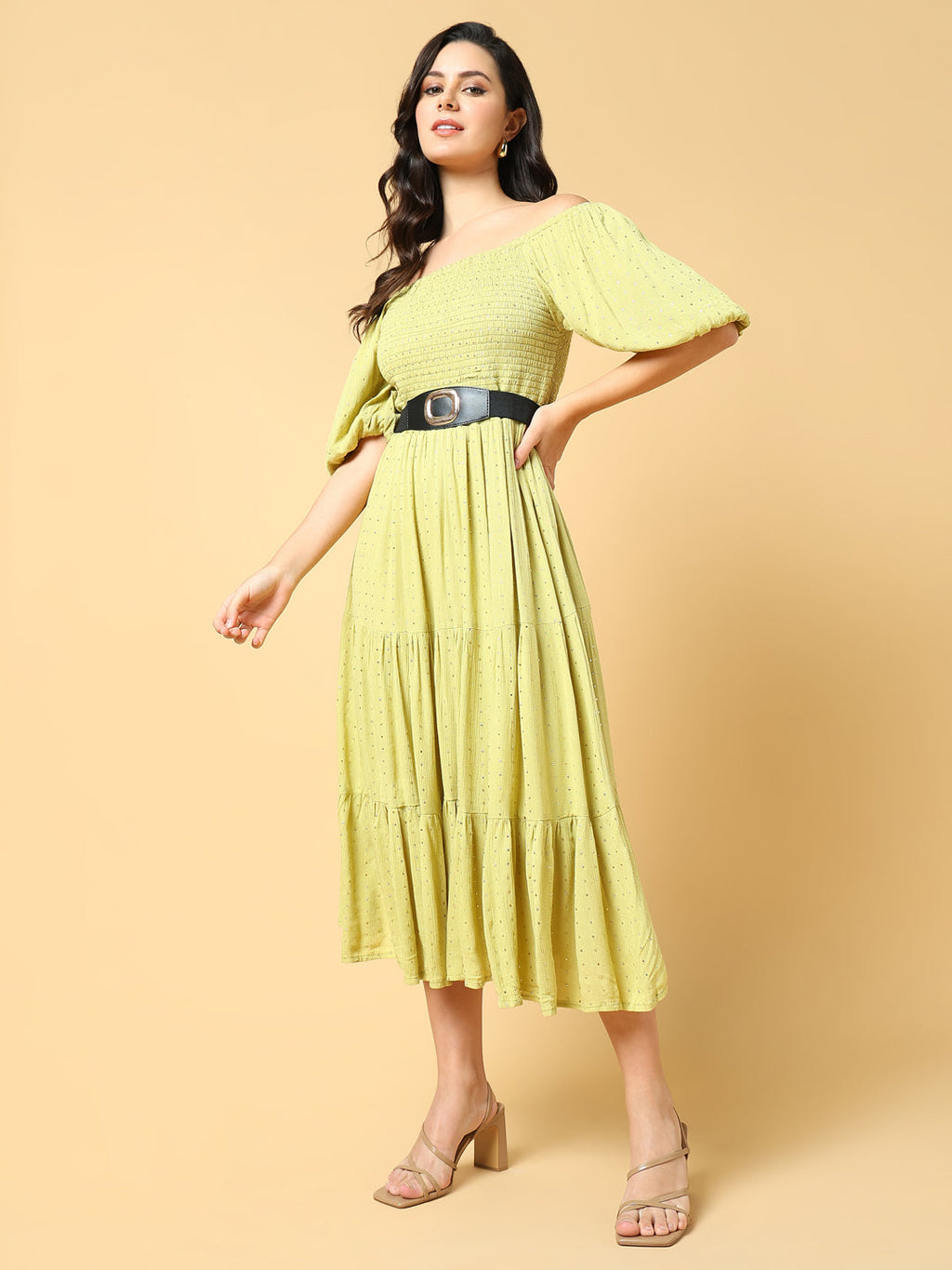 Women's Green Solid Fit and Flare Dress with Belt