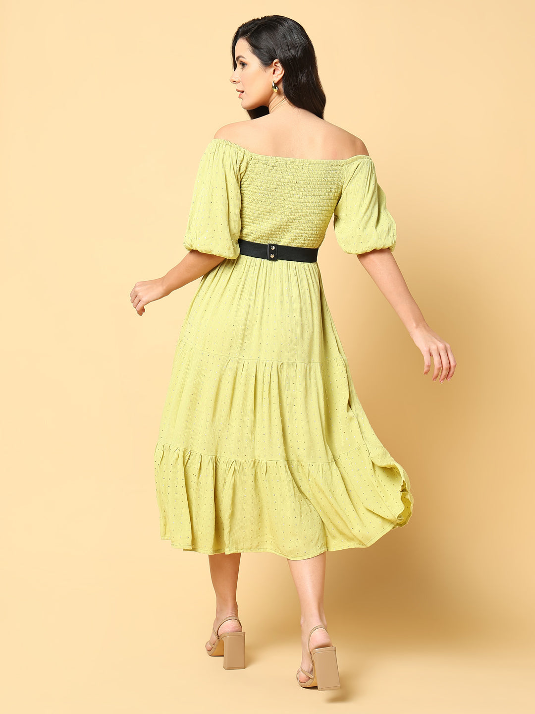 Women's Green Solid Fit and Flare Dress with Belt