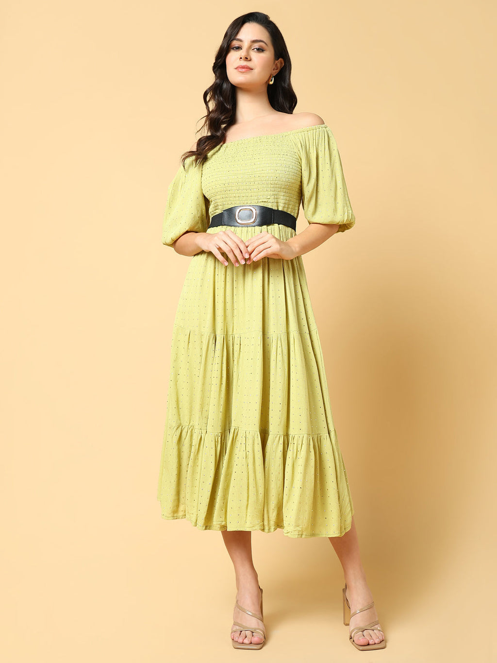 Women's Green Solid Fit and Flare Dress with Belt