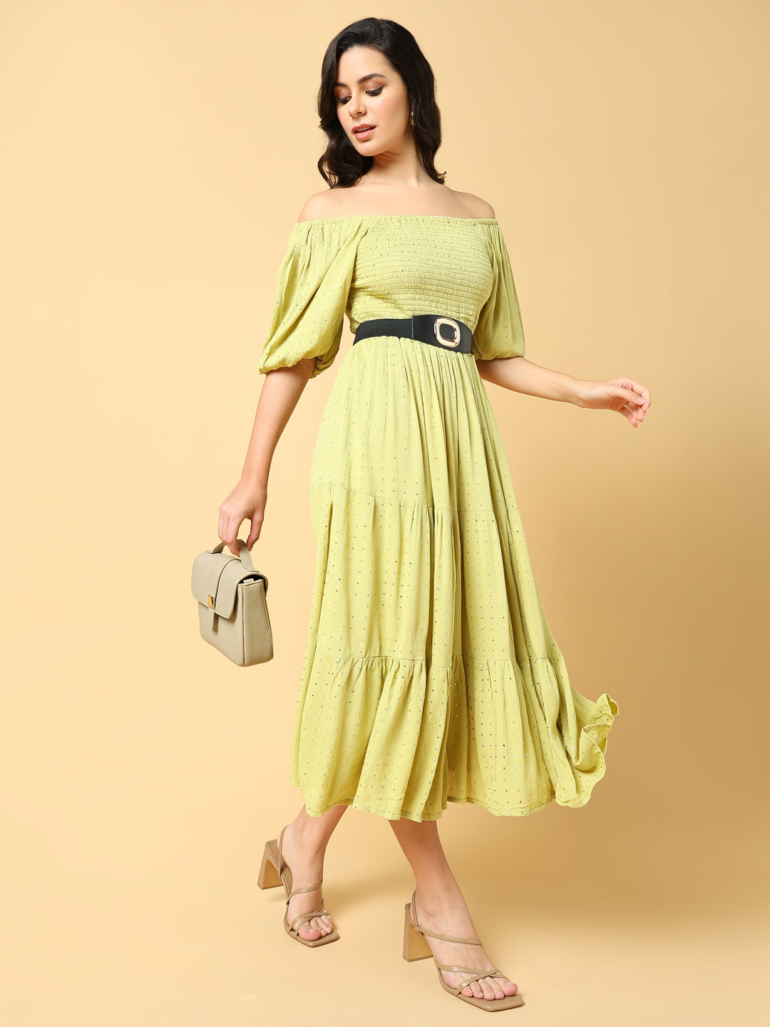 Women's Green Solid Fit and Flare Dress with Belt