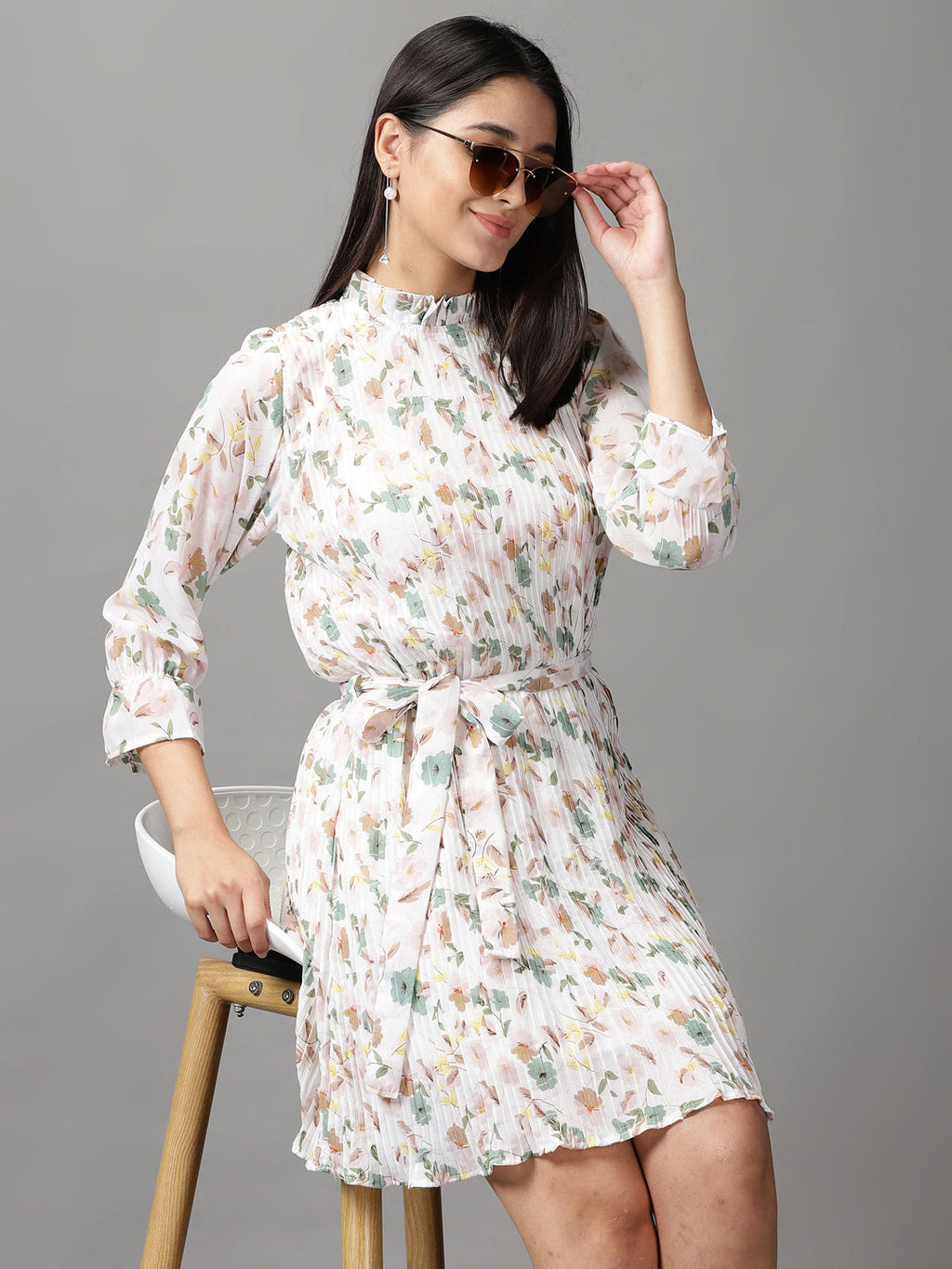 Women's White Floral Printed Fit & Flare Dress