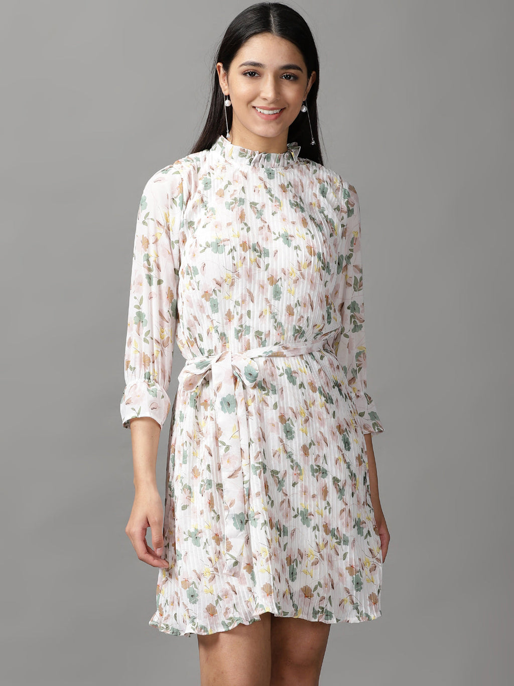 Women's White Floral Printed Fit & Flare Dress