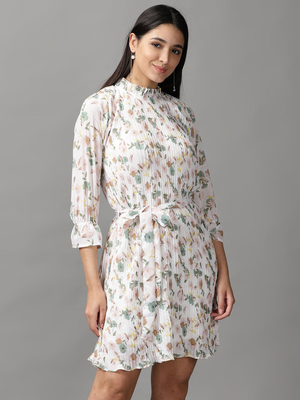 Women's White Floral Printed Fit & Flare Dress