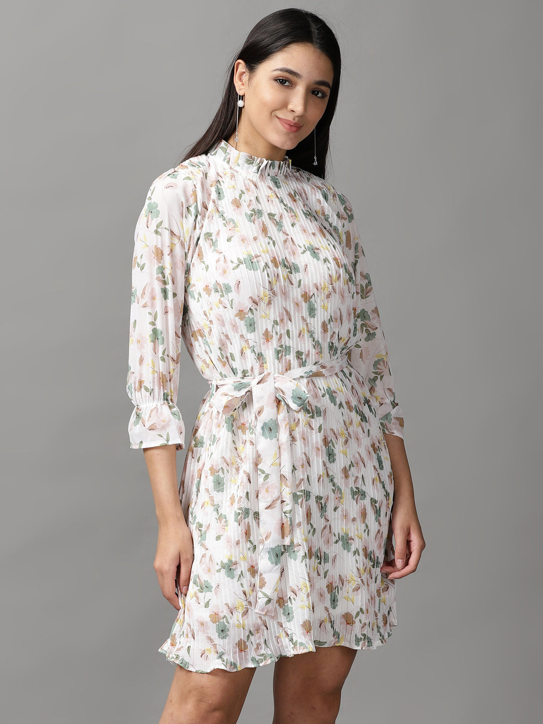 Women's White Floral Printed Fit & Flare Dress