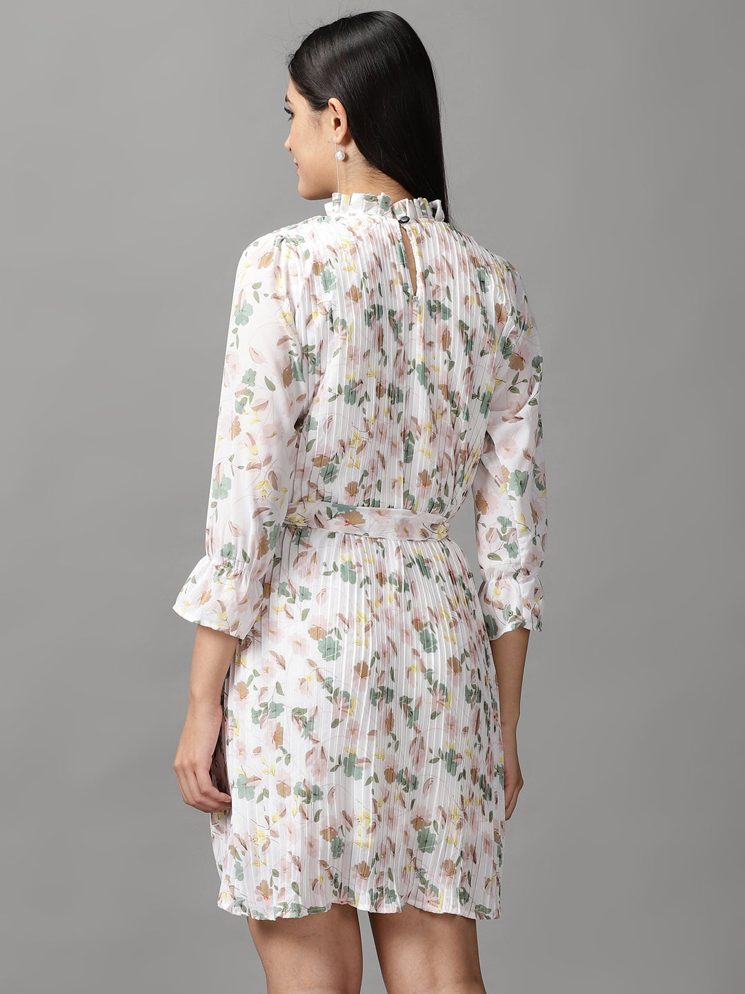 Women's White Floral Printed Fit & Flare Dress
