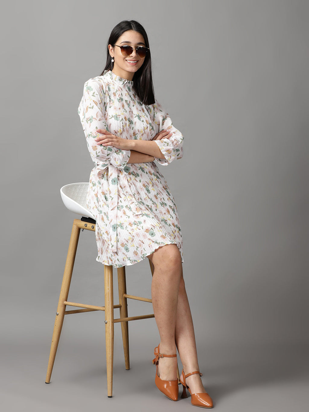 Women's White Floral Printed Fit & Flare Dress