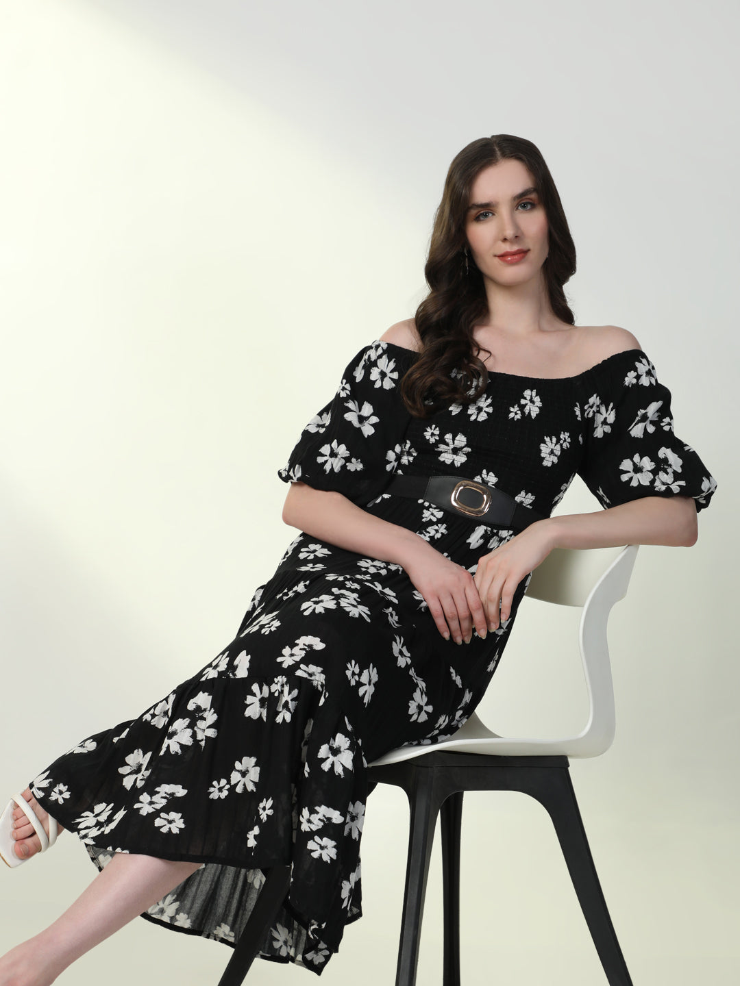 Women's Floral Black Flared Dress with Belt