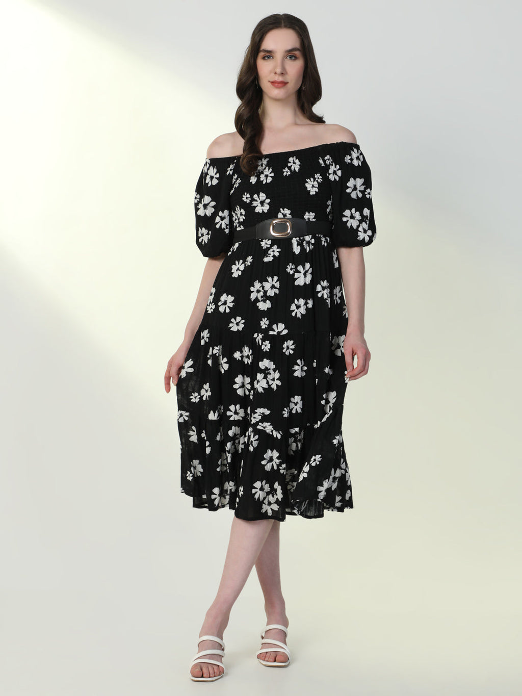 Women's Floral Black Flared Dress with Belt