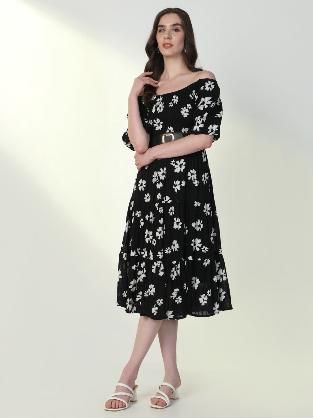 Women's Floral Black Flared Dress with Belt