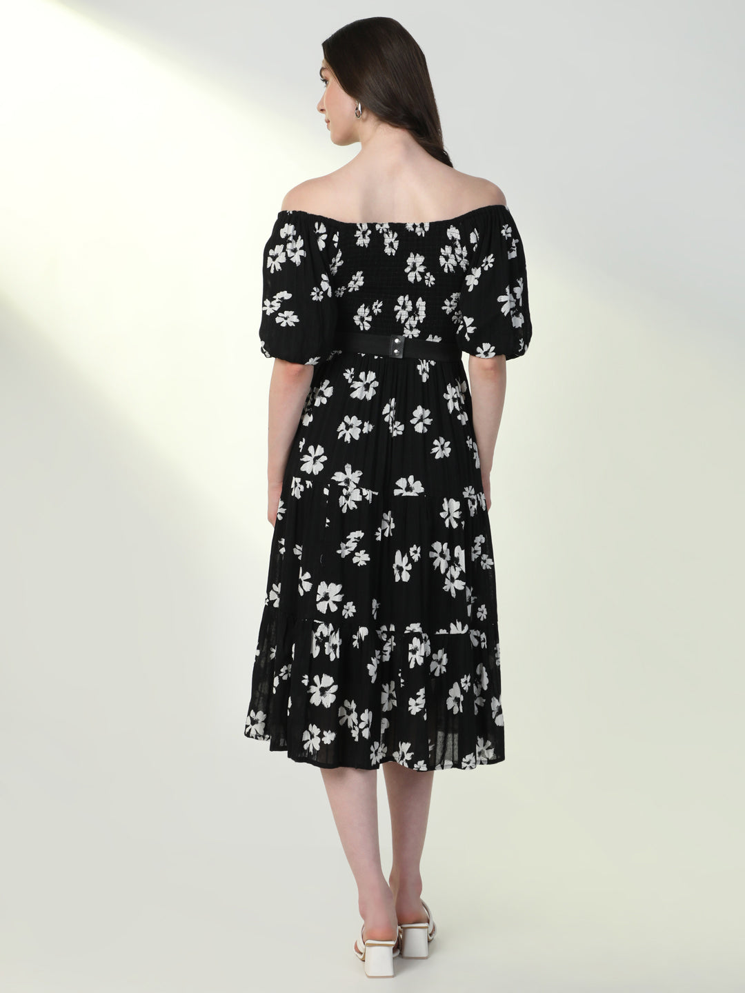 Women's Floral Black Flared Dress with Belt