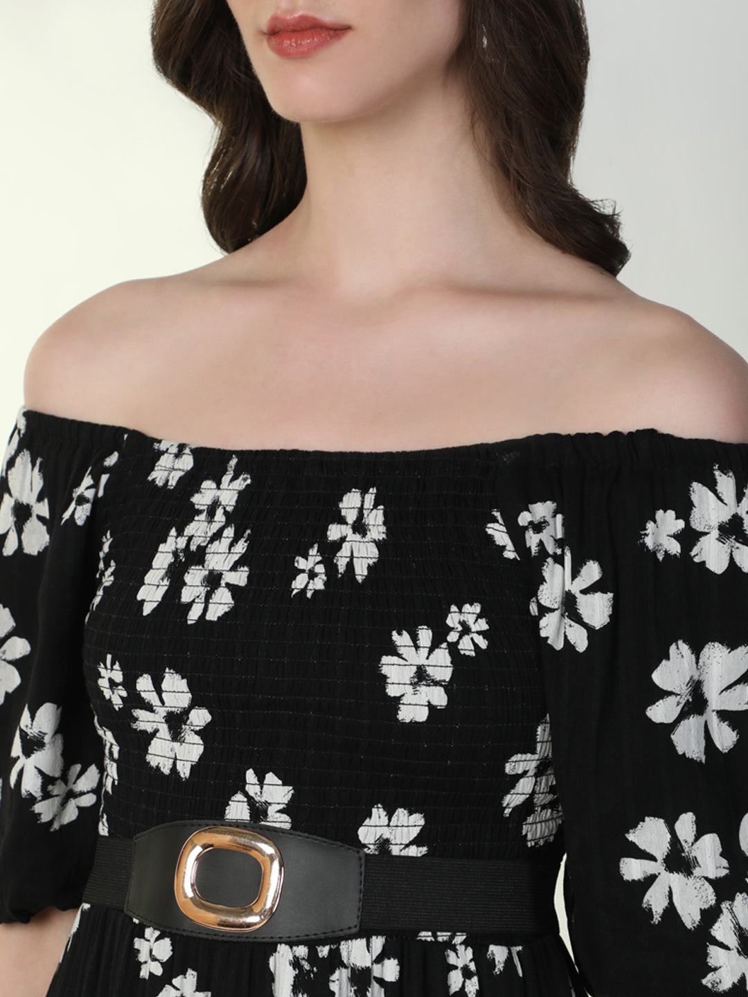 Women's Floral Black Flared Dress with Belt