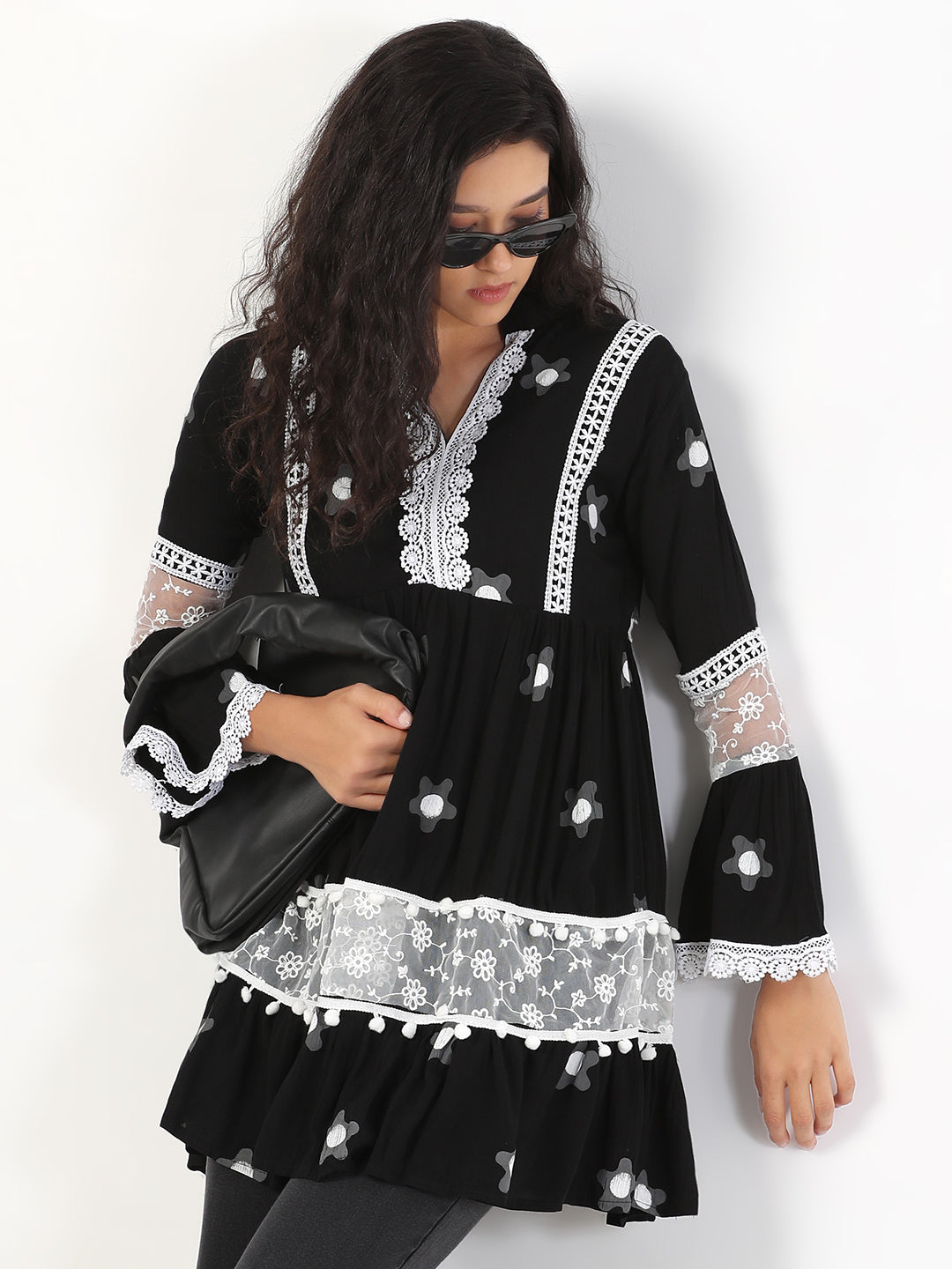 Women's Printed Black Longline Top