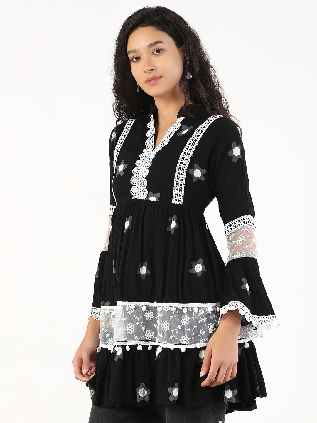 Women's Printed Black Longline Top