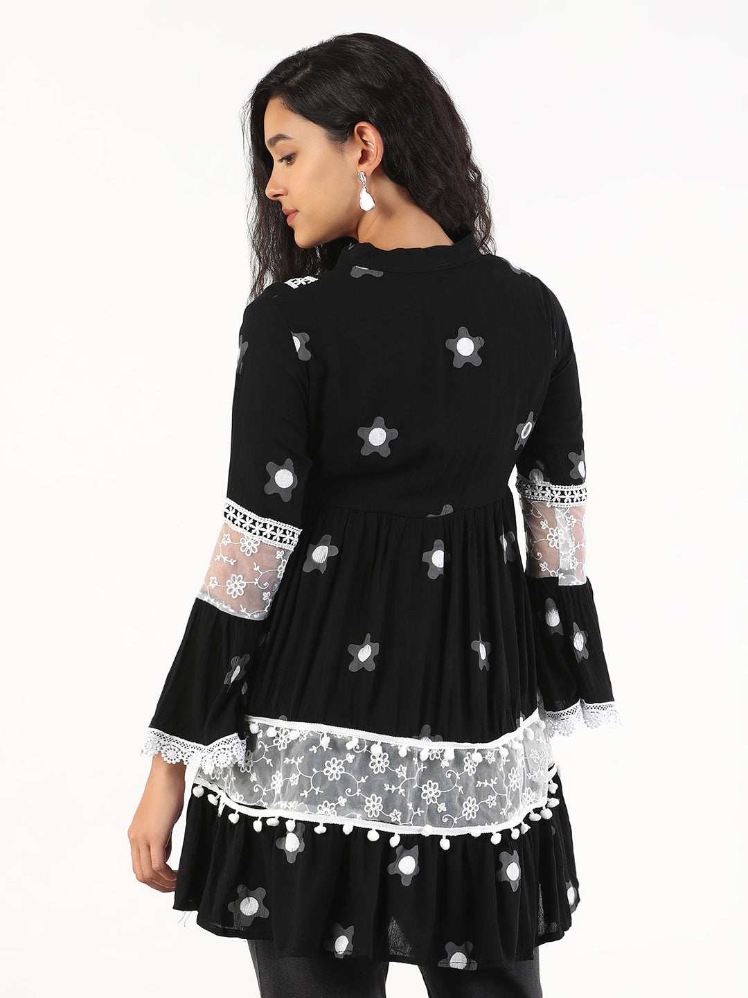 Women's Printed Black Longline Top