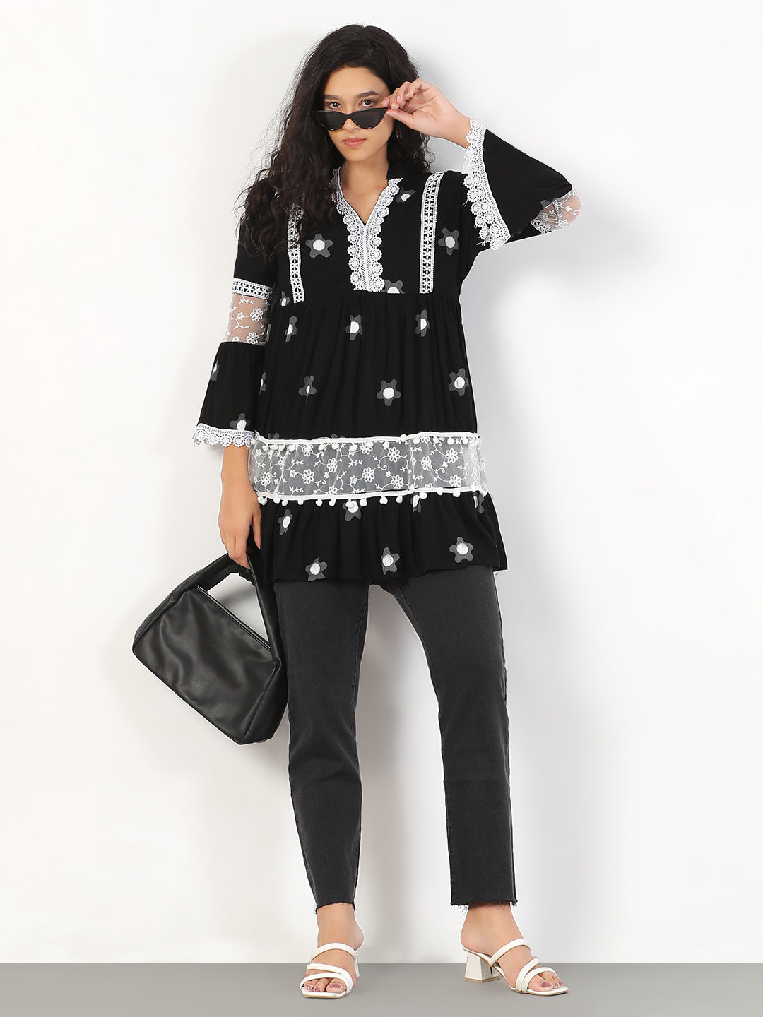 Women's Printed Black Longline Top