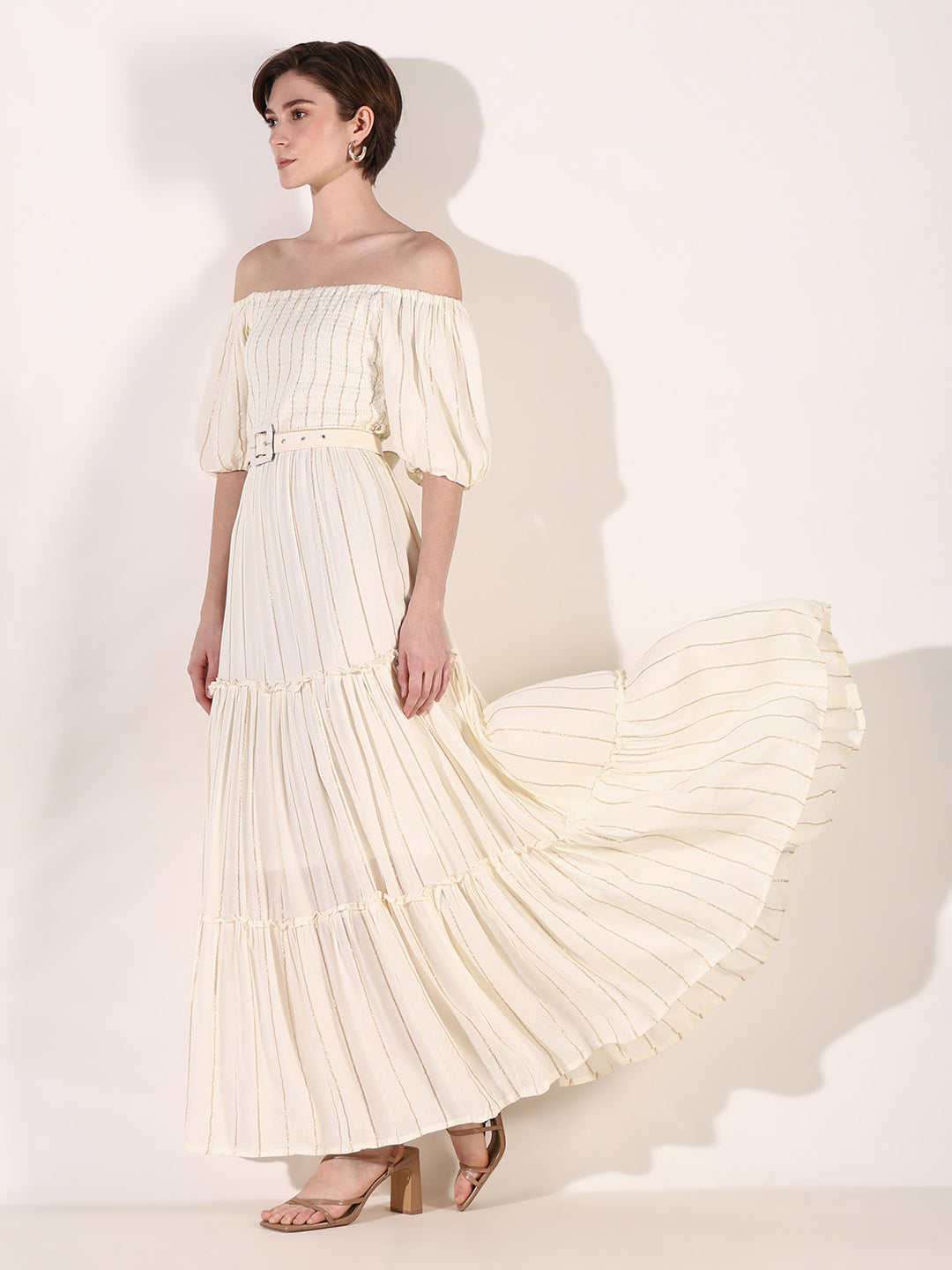 Women's Cream Striped Fit and Flare Dress with Belt