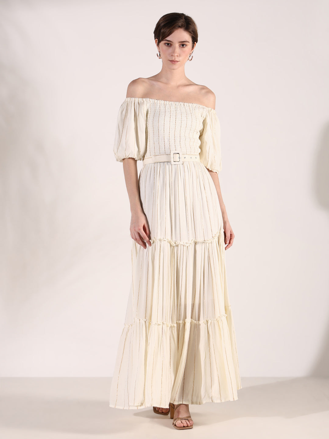 Women's Cream Striped Fit and Flare Dress with Belt