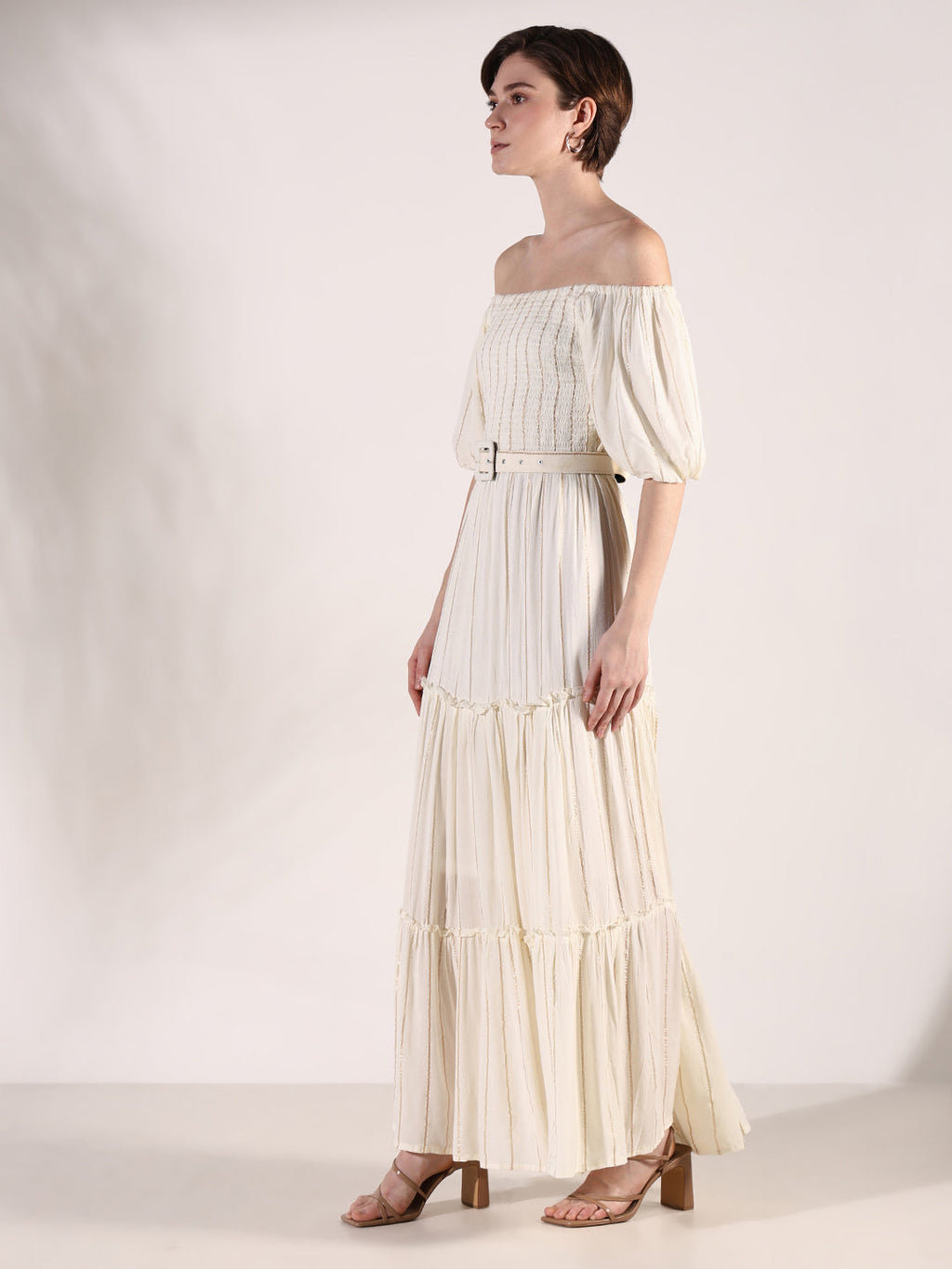 Women's Cream Striped Fit and Flare Dress with Belt