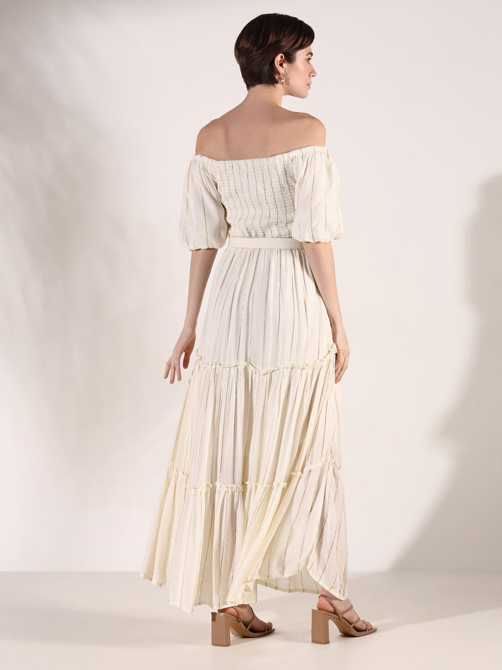 Women's Cream Striped Fit and Flare Dress with Belt