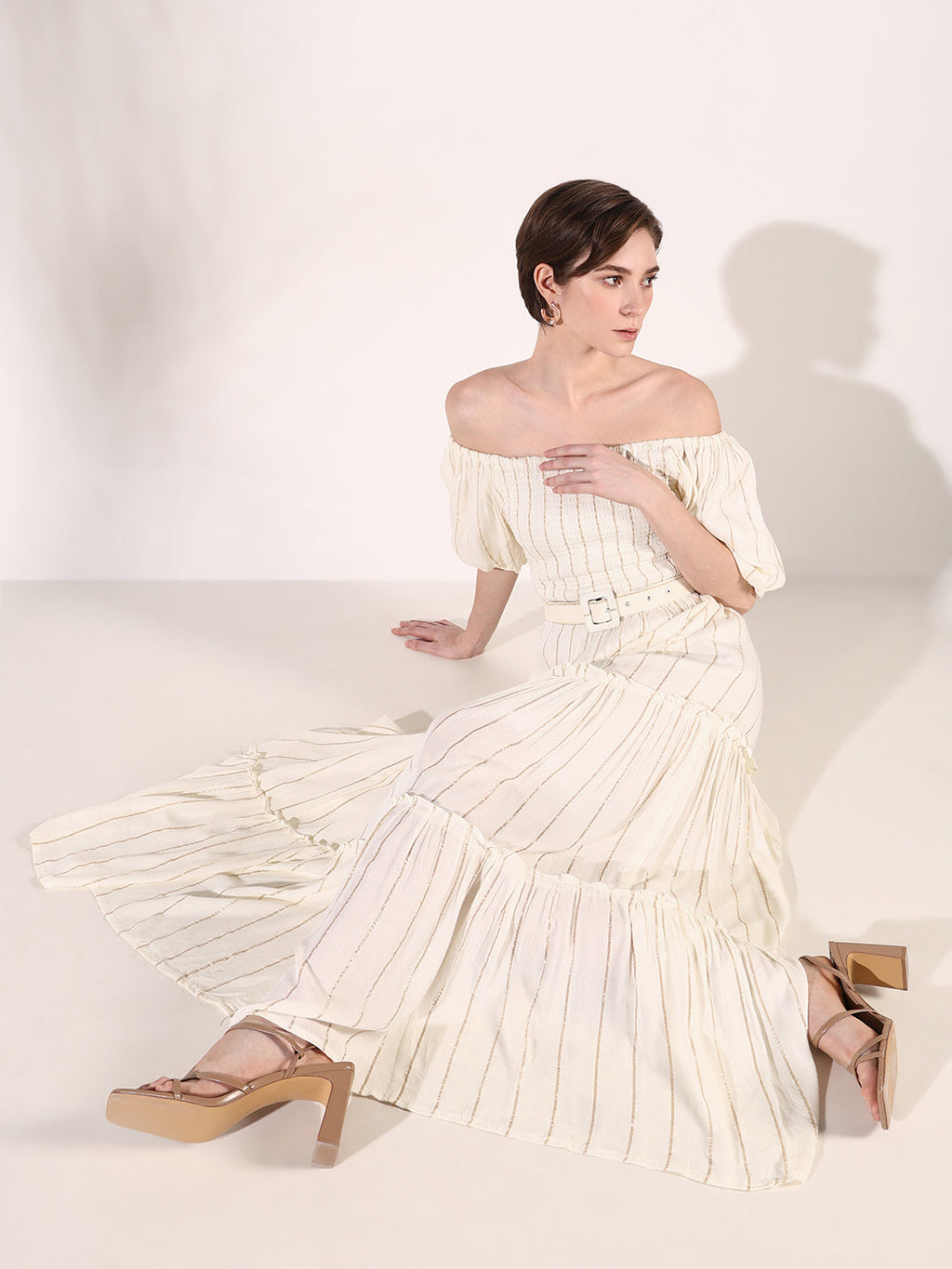 Women's Cream Striped Fit and Flare Dress with Belt