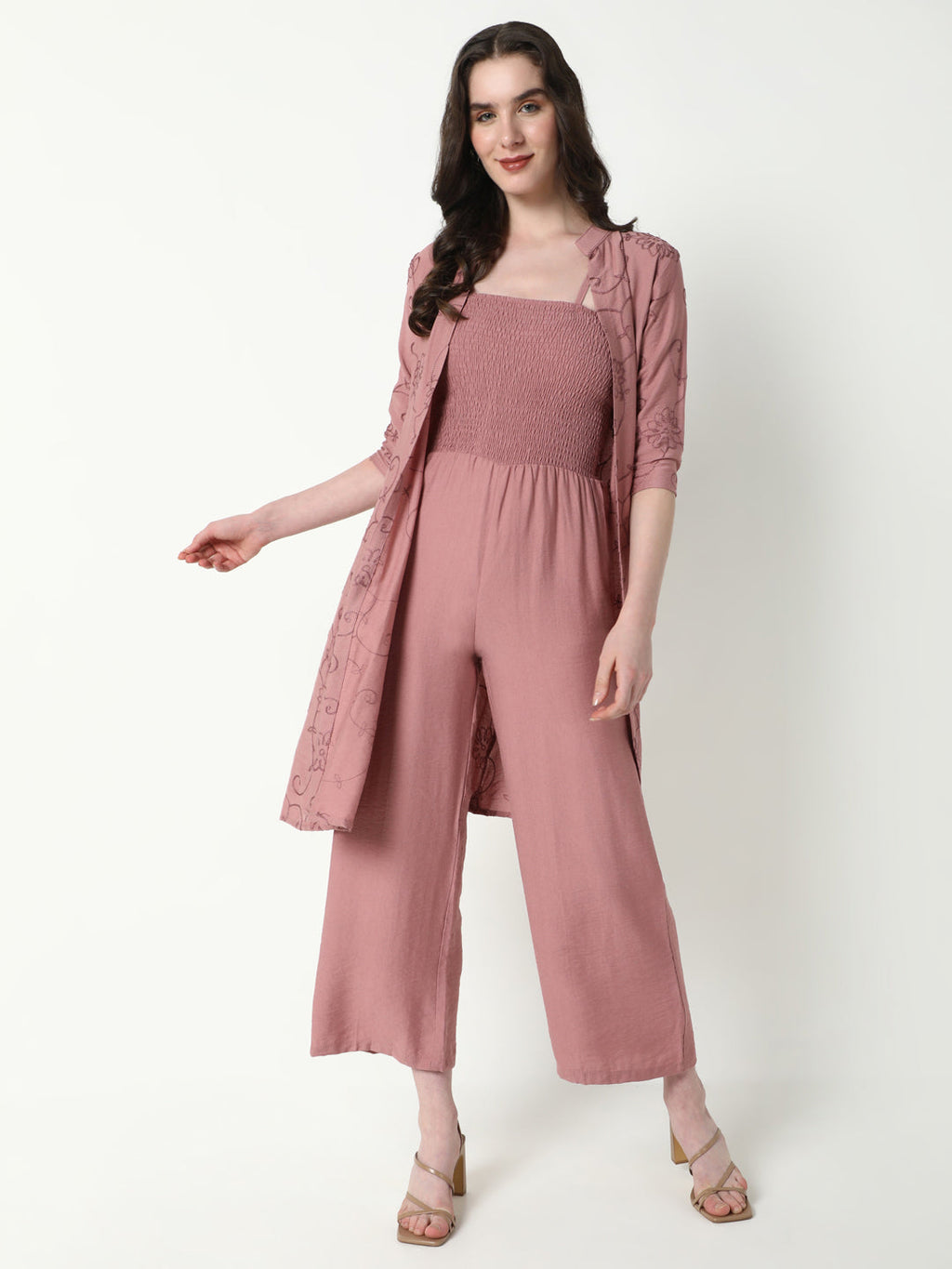 Women's Mauve Cotton Basic Jumpsuit with Shrug